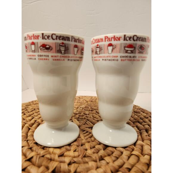 Vintage Ice Cream Parlor Set Of 2 Milk Shake Cups Glasses Tall Footed 6" Multi - Picture 2 of 9